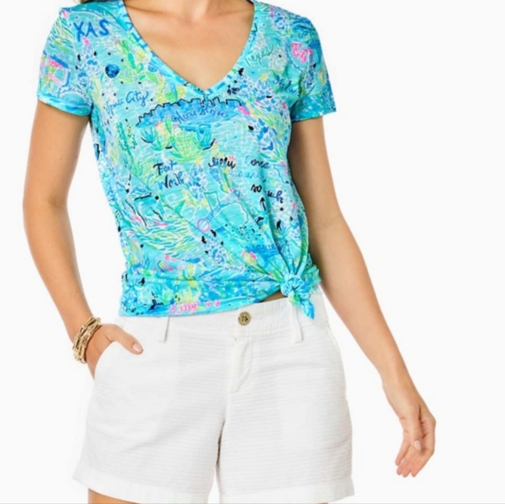 Lilly Pulitzer Etta V-Neck Top Bayside Blue Lilly Loves Texas Size XS